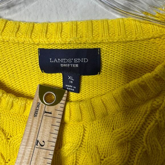 Lands’ End Drifter Sweater XL 18 Yellow Cotton Cable Knit Crew Neck Pullover - Picture 2 of 7